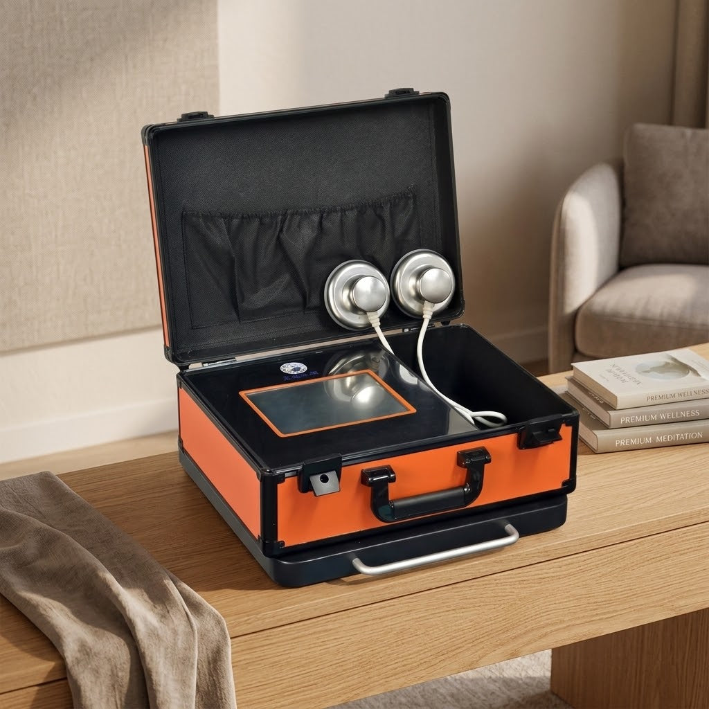 QuanTong Master QT-68 massage device with the case open on a wooden table, two round stainless-steel massage heads resting in the lid.